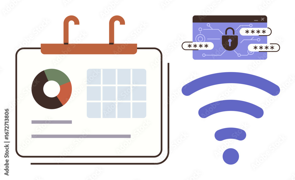Poster calendar with pie chart and data grid, secure password-protected browser, and wireless signal icon. 