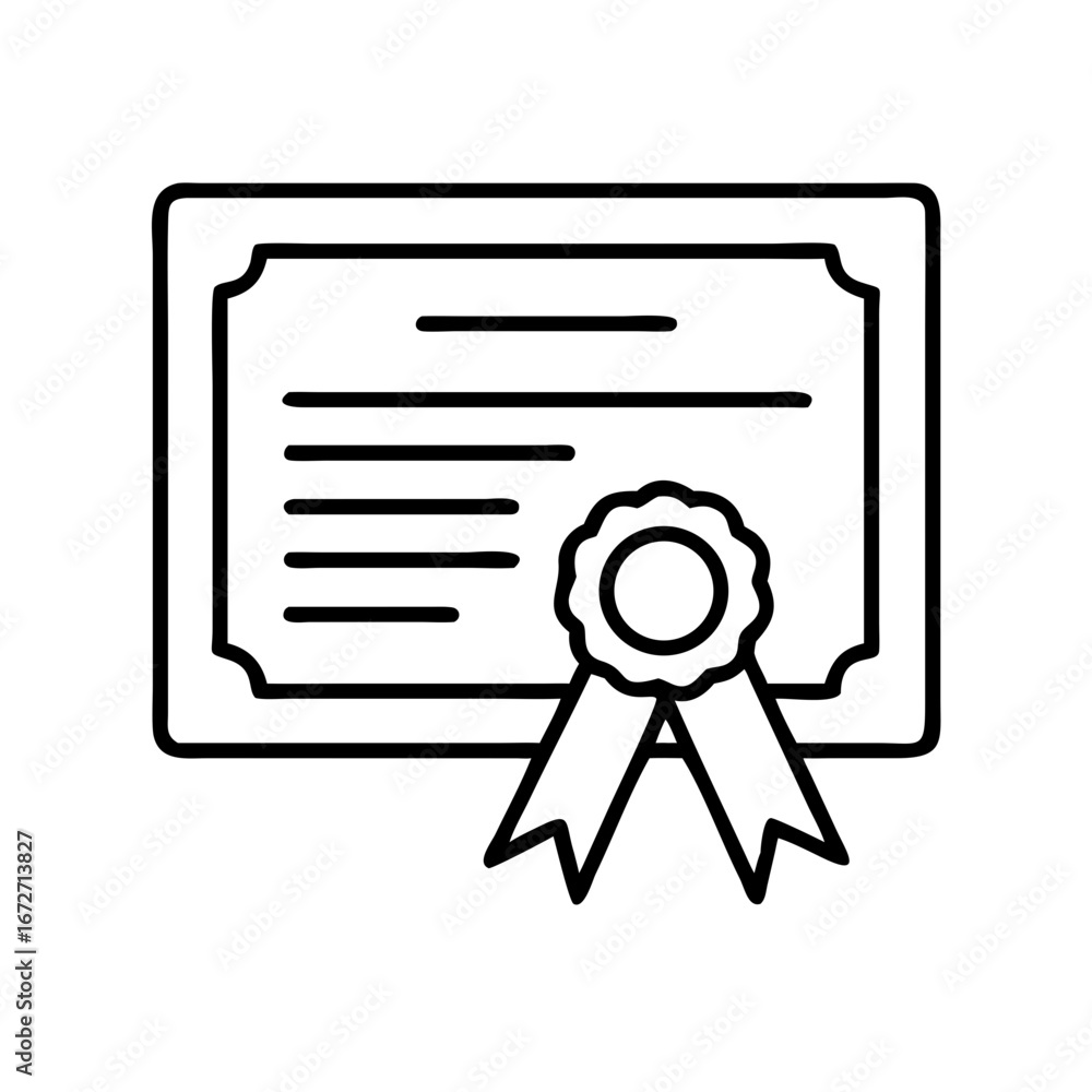Poster illustration of a certificate with a ribbon and seal in black outline on a white background design e