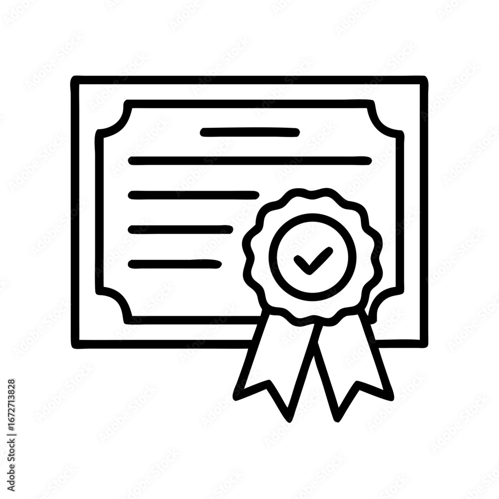 Poster a line art illustration of a certificate with a seal and ribbon showing achievement and recognition