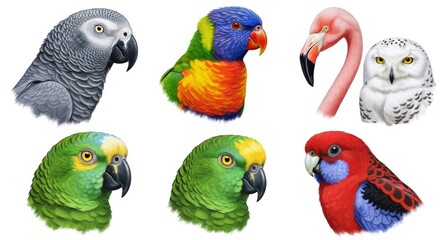 Illustrations of Diverse Bird Species for Ornithology, Colorful Bird Portraits: A Collection of Exotic Avians Depicted in Vibrant Detail