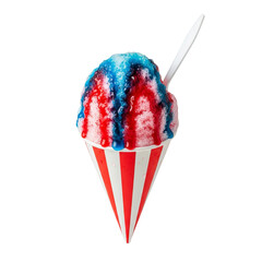 Snowcone stands in a red and striped paper cone with blue and red syrup, and a spoon.