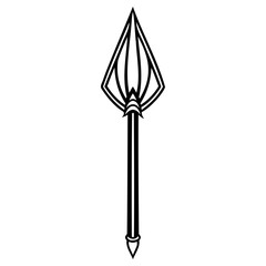 Tribal spearhead with a long shaft and a pointed tip, rendered in a simple black and white outline style