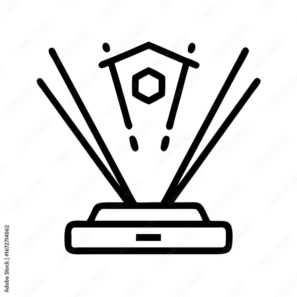 Poster illustration of a futuristic hologram projector with a hexagonal display and beams of light emitting