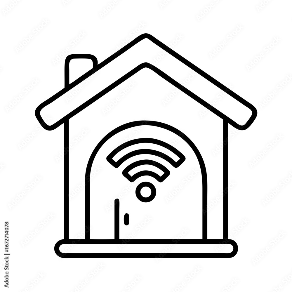 Poster outline drawing of a house with a wifi symbol inside indicating smart home connectivity and automati
