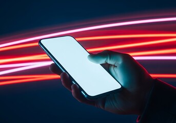 Hand Holds A Smartphone With A Brightly Lit Blank Screen Against A Dynamic Background Of Red And Orange Abstract Light Trails, Representing Speed And Connectivity, Fast Internet, Data Transfer, 5G