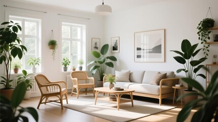 Bright, airy living room with abundant houseplants, light wood furniture, and large windows