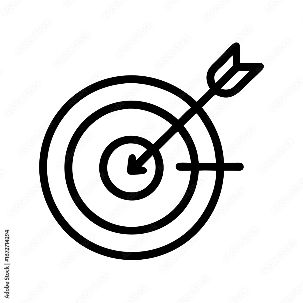 Poster illustration of a target with concentric circles and an arrow hitting the center in black outline st