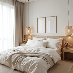 Obraz premium Modern minimalist bedroom interior with white bedding, wooden headboard, soft beige blanket, and woven rattan pendant lamp. Cozy and bright atmosphere with natural light through sheer curtains.