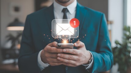 Businessman In Green Suit Holding Smartphone With New Email Notification Icon Representing Digital Communication Message