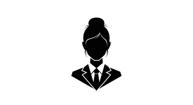 Black silhouette icon of a businesswoman in a suit and tie with her hair in a bun. - Powered by Adobe