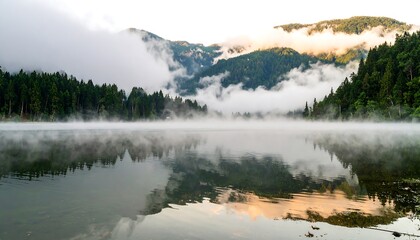 Fototapeta premium Misty morning light blankets a serene lake, surrounded by dense forests and rolling hills.
