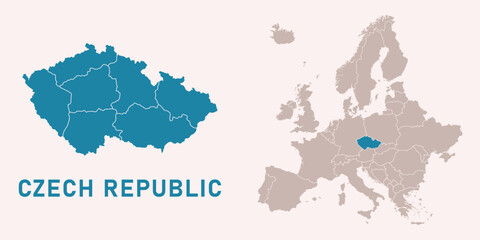 Obraz premium Map of Czech Republic with administrative divisions and highlighted position on Europe map. Isolated on white background. Vector illustration.