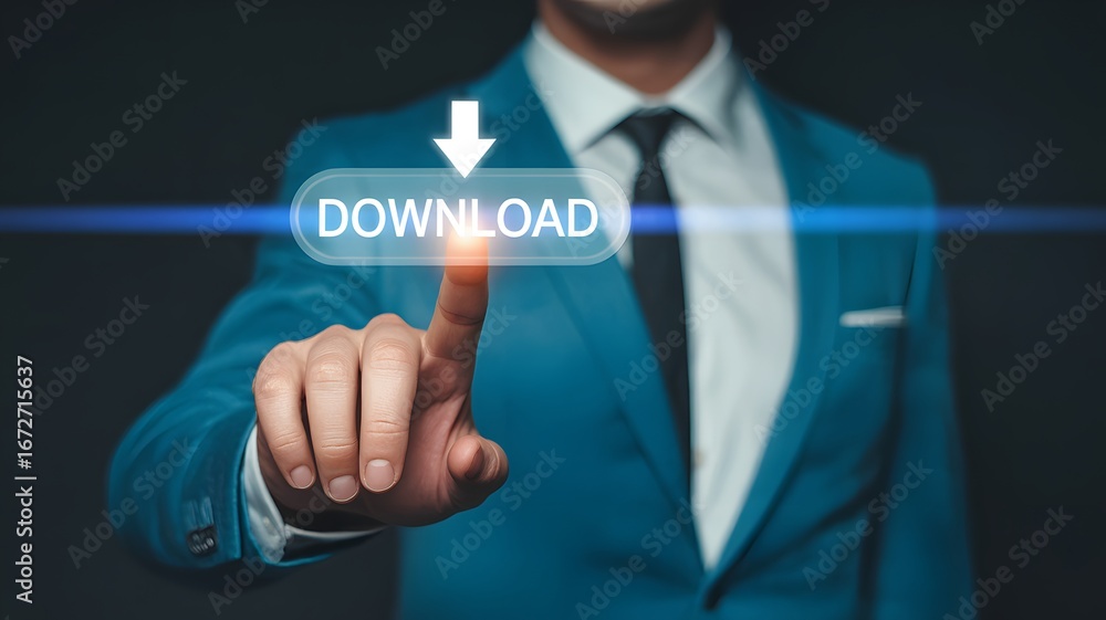 Poster businessman pressing virtual download button with arrow on digital screen representing technology da