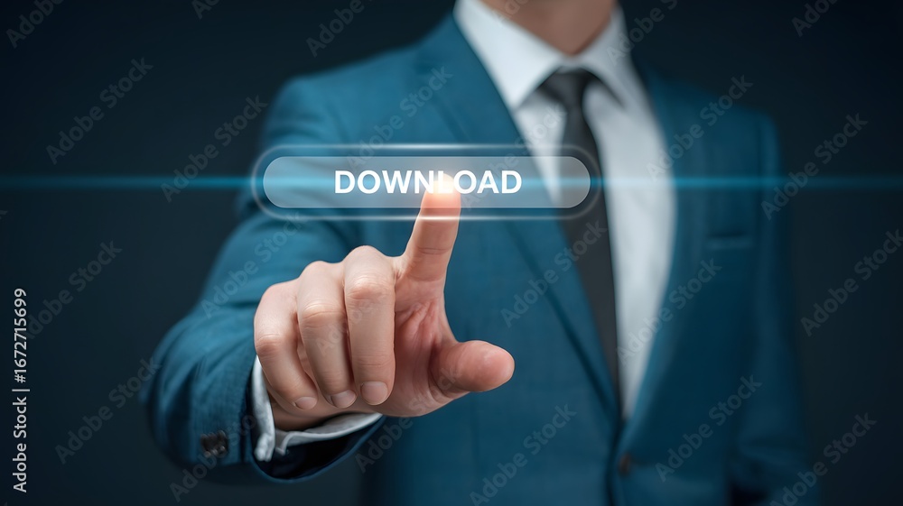 Poster businessman touching virtual download button on digital screen representing technology data access a