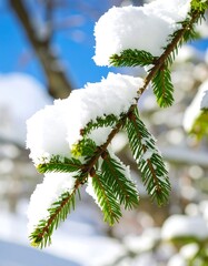 A close-up view of a snow-laden evergreen branch against a bright blue sky.