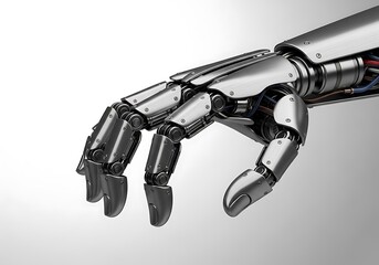Fototapeta premium Detailed And Realistic Metallic Prosthetic Hand With Exposed Wiring Sits Against A White Background, Robotics, Bionic Arm, Advanced Prosthetics