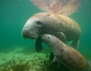 A mother manatee and her calf underwater