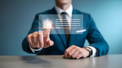 Businessman Touching Holographic House Icon On Virtual Screen Representing Real Estate Investment And Property Concept