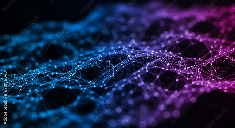 Poster abstract network with blue and purple gradient, connecting data points background