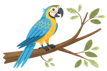 Cartoon style flat color parrot on branch, transparent background