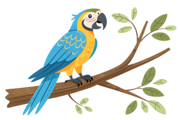 Cartoon style flat color parrot on branch, transparent background