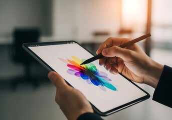 Fototapeta premium Creative Professional's Hands Use A Stylus Pen To Draw A Vibrant, Colorful Abstract Design On A Digital Tablet Screen In A Modern Office Setting, Graphic Design, Digital Art, Creative Process