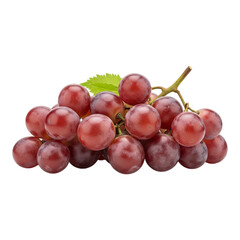 Fototapeta premium A bunch of red grapes with a green leaf attached to the stem isolated on a black background studio shot