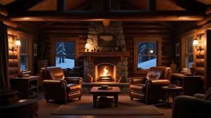 Cozy log cabin interior at night, fire glowing