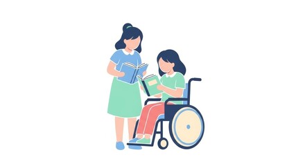 Volunteer reading with a girl in a wheelchair, Inclusive education through shared reading and care, building emotional and social skills