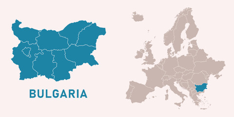 Obraz premium Map of Bulgaria with administrative divisions and highlighted position on Europe map. Isolated on white background. Vector illustration.