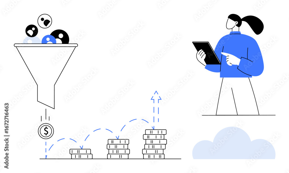 Poster lead funnel filtering users to generate profits, increasing coin stacks, with a professional analyzi