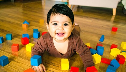 A joyful baby lies on a wooden floor surrounded by colorful wooden blocks, smiling broadly at the camera.