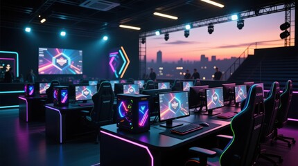 Cyberpunk gaming arena with vibrant neon lighting.  Many computer workstations are visible