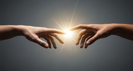 Two outstretched hands, one on each side, meet in the center. Between the index fingers of both hands, there is an intense, bright focus of light.