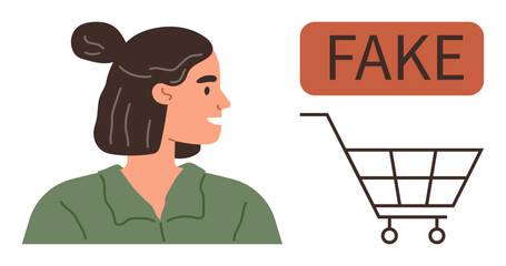 Woman glances at a shopping cart tagged with fake to signify counterfeit goods, misinformation, or online scams. Ideal for e-commerce, fraud awareness, trust issues, consumer ethics, vigilance