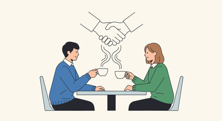 Business partners enjoy coffee together, symbolizing a successful deal and partnership.