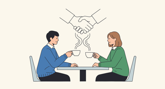 Business partners enjoy coffee together, symbolizing a successful deal and partnership.