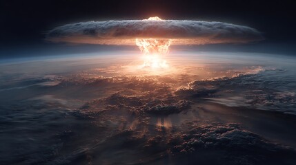 Aerial view of dramatic mushroom cloud explosion over earth atmosphere apocalypse nuclear bomb radiation war