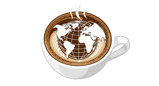A steaming cup of coffee with a detailed Earth globe artfully depicted in the frothy crema, symbolizing global coffee culture and international beverage enjoyment.