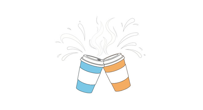 Two paper cups, one blue and one orange, are clinking together, creating a splash effect.