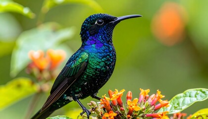 Exquisite hummingbird portrait with iridescent feathers resting on flora