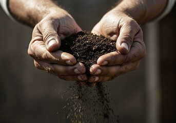 Hands Holding Soil, Rich Earth Falling. Generative Ai