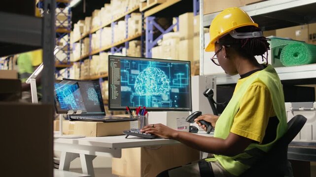 Woman uses advanced AI tools to scan and register barcodes, artificial intelligence brain automation to fulfill e-commerce retail operations. Deep learning support tracking software. Camera A.
