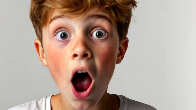 Astonishment: A young boy with ginger hair, his eyes wide with surprise, mouth agape in a display of genuine shock. The image captures the raw emotion of astonishment