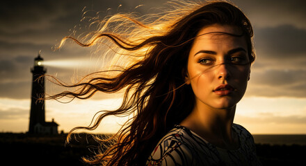 A captivating woman with windswept hair stands at sunset, with a lighthouse beam cutting through the dusky sky, creating a dramatic and serene coastal scene.