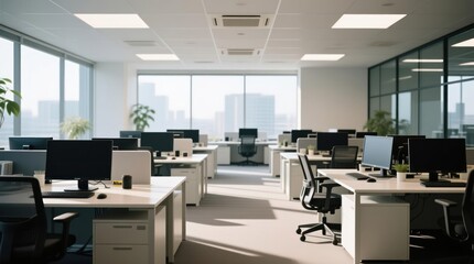 Empty modern office space with city view.  Sunlight streams through large windows.  Rows of desks, computers, and chairs are neatly arranged.  Minimalist design, bright and airy
