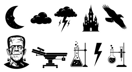 Halloween themed set of vector elements. Featuring silhouette of moon, cloud, thunder, castle, bird, monster, lab and thunderbolt symbols. 