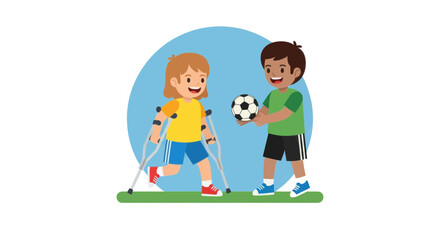 Joyful children sharing a soccer ball, one using crutches, celebrating inclusion and friendship in a bright, positive scene.