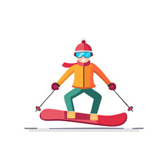 Obraz premium Cheerful Snowboarder Enjoying Winter Sport Downhill in Full Gear with Poles in Hand