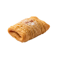 Sweet golden brown pastry is garnished with saffron strands and powdered sugar, sitting against a plain background.